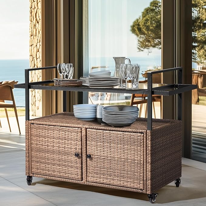 VINGLI Wicker Outdoor Bar Cart with Storage and Wheels, Outdoor Bar Table Serving Cart Rattan Bar Cart with Glass Top and Shelf for Pool, Party, Backyard, Porch (Brown)-Ruum Studio Home