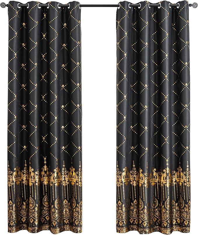 Grommets Blackout Long Window Curtains Black Gold-52W*108L 2PCS Drapes for Bedroom-Ruum Studio Home