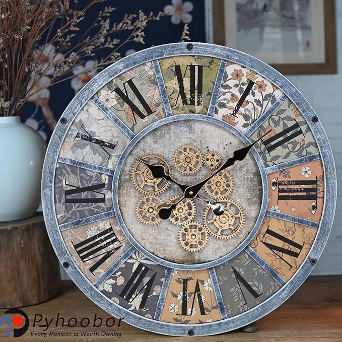 Unique Moving Gear Large Round Wall Clock 21inch-Battery Powered. Retro Industrial Steampunk Country Farmhouse Decor for Living Room Kitchen Bars cafes Offices(Blue/metal/21)-Ruum Studio Home