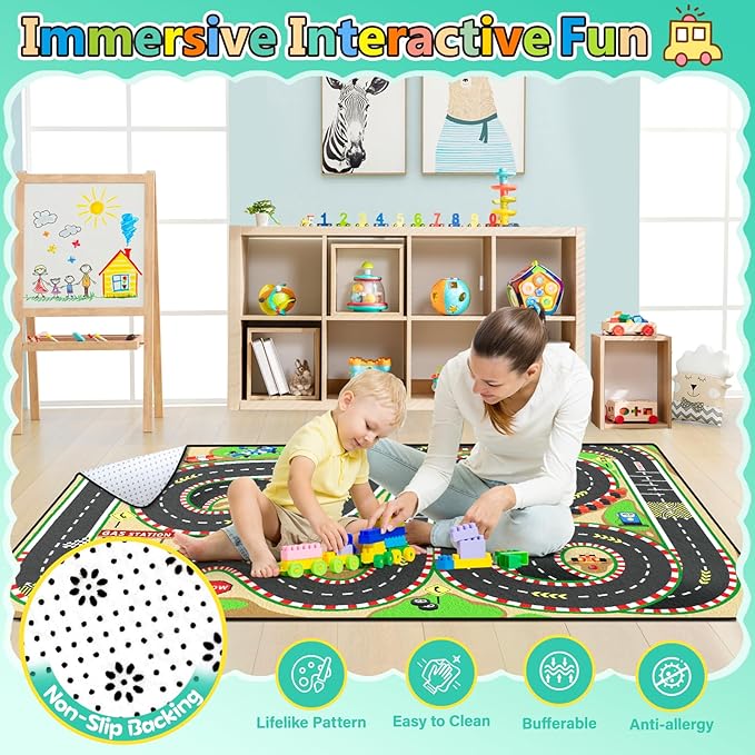 Kids Rug, Race Track Baby Play Mats, Realistic 3D Cascading Surround Route, 3x5 Ft Kids Rug for Playroom, Great for Playing with Cars and Toys, Non-Slip Car Carpet-Ruum Studio Home
