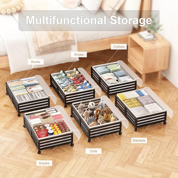Under Bed Storage with Wheels-Large Bamboo Underbed storage Containers with Large Dust Bag Stackable Under the Bed Shoe Storage Bins for Clothes Books Bedding (2 Packs Black, 23.62"L×16.54"W× 6.51"H)-Ruum Studio Home