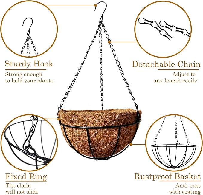 4 Pack 10 inch Metal Hanging Planters Basket with Coco Coir Liner Outdoor-Hanging Baskets for Plants Outdoor,Metal Wire Baskets with Window Box Planters, Hanging Flower Pots for Railings-Ruum Studio Home
