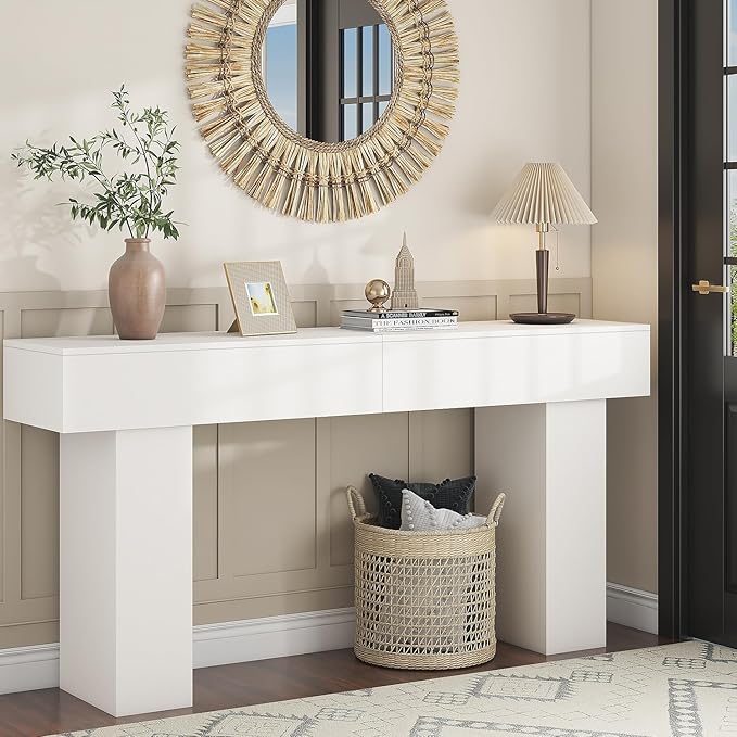 63 Inch Long Console Table for Entryway, Farmhouse Wood Rectangular Sofa Table Behind Couch Table, Narrow Entryway Table for Living Room, Entrance, Hallway, Foyer, Easy Assembly (Classic White)-Ruum Studio Home