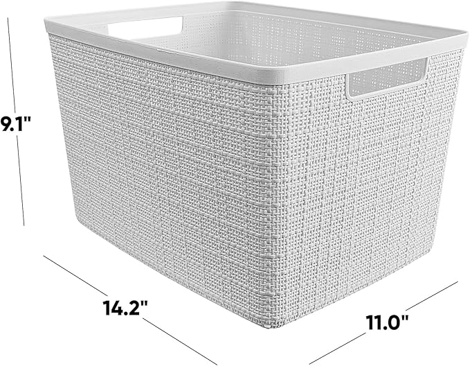 Curver Set of 4 Jute Large Decorative Plastic Organization and Storage Baskets, Perfect Bins for Home Office, Closet Shelves, Kitchen Pantry and All Bedroom Essentials, White-Ruum Studio Home