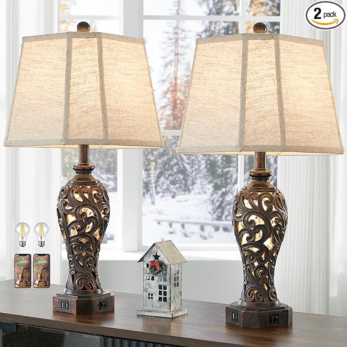 Set of 2 Farmhouse Table Lamps for Living Room, Rustic Vintage Nightstand Lamp with 2 USB Port, Bronze Resin Lamps for Bedroom End Table with Hollow Out Nightlight, 2 Bulbs Included-Ruum Studio Home