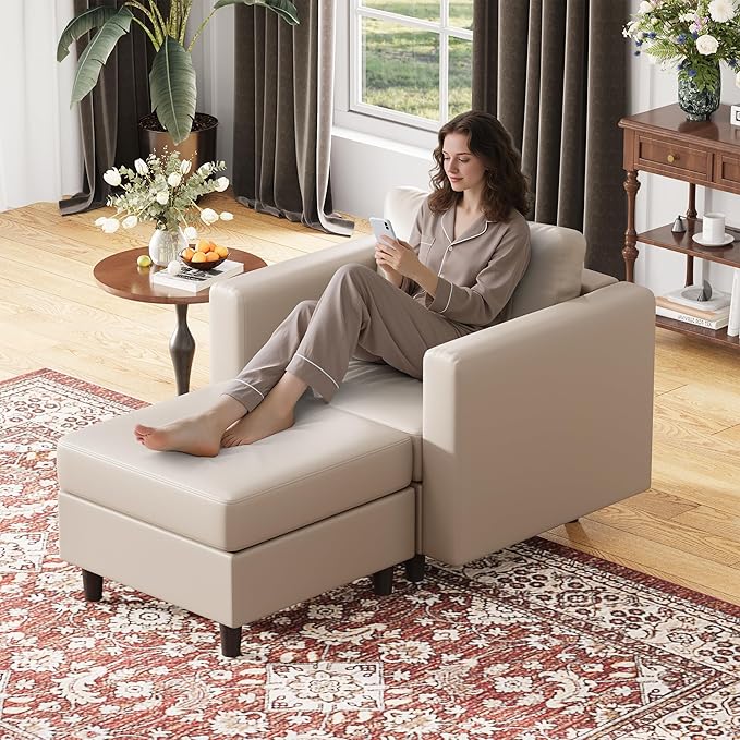 ABCASA Faux Leather Single Sofa, Modern Accent Chair Whitesand with Storage Deep Seat Large Reading Armchair for Living Room Bedroom Office-Ruum Studio Home