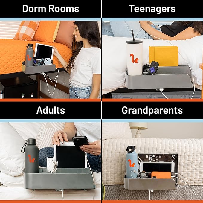 Squirrel Gray Bedside Perch – Perfect dorm gift & small space essential! USB-C & A charging, cup holder fits Hydro Flask, YETI, S'well. Organizes phone, iPad & more on lofted beds, couch, etc.-Ruum Studio Home