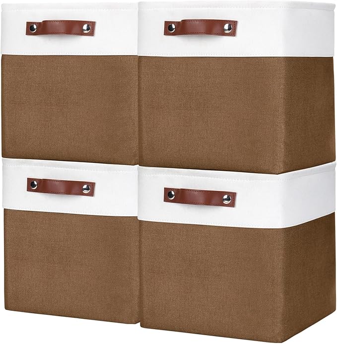 Collapsible Fabric Storage Cubes 11x11 Cube Storage Bins, 4 Pack Closet Baskets Box with Handles for Organizing, Shelf, Toys, Clothes, Home, Office, Nursery (Brown&White)-Ruum Studio Home