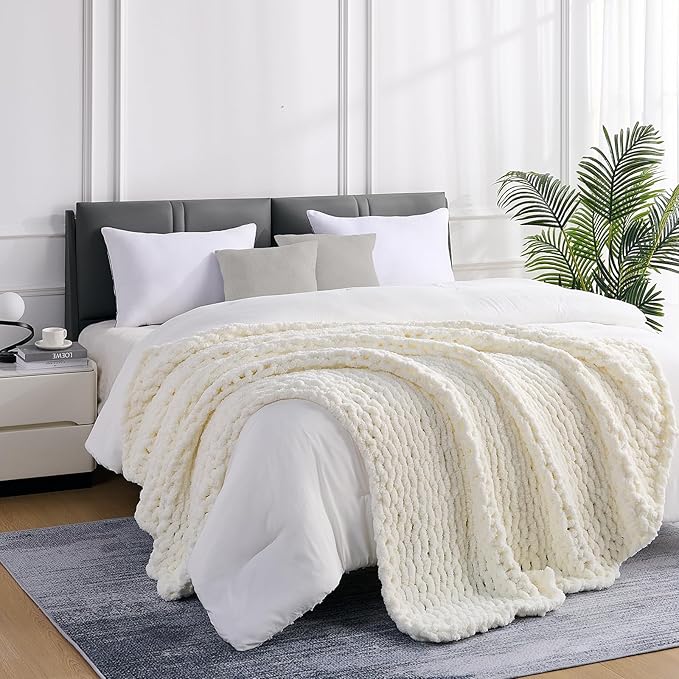 L'AGRATY Chunky Knit Blanket Throw: 80''x90'' Chenille Chunky Knitted Throw Blanket for Bed Couch - Handmade Thick Big Cable Knit Blanket - Large Chunky Crochet Blanket for Home Decor(Cream White)-Ruum Studio Home
