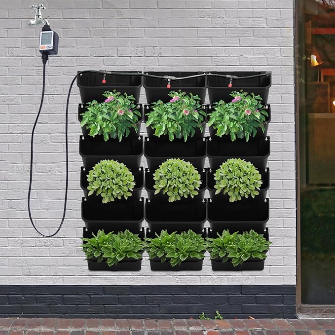 Self-Watering Wall-Mounted Planter, Vertical Garden Planter Set with 18 Pots, Stackable Plant Grow Pots with Electronic Timer for Growing Veggies, Fruits, Herbs, Flowers.-Ruum Studio Home