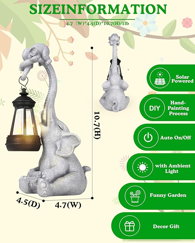 Solar Garden Statues Outdoor Decor- Yard Decorations for Patio, Balcony, Backyard, Lawn Ornaments - Elephants Figurines with LED Light- Unique Birthday House Warming Gifts for Women, Mom, Grandma-Ruum Studio Home