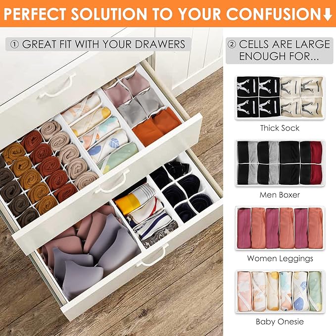 6 Pack Sock Underwear Drawer Organizer Dividers, 58 Cell Foldable Fabric Dresser Closet Organizers and Storage Bins for Clothing, Baby Clothes, Bra, Panty, Scarf, Ties (White)-Ruum Studio Home