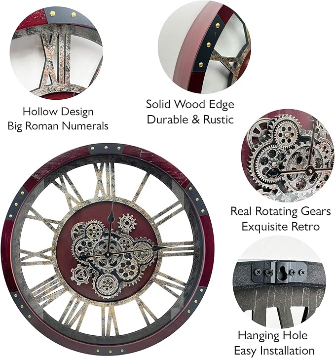 DORBOKER 36" Original Moving Gears Wall Clock, Large Industrial Wall Clock for Living Room Decor,Oversized Wood Vintage Farmhouse Steampunk Rustic Clocks for Wall Decor,Cherry Red-Ruum Studio Home