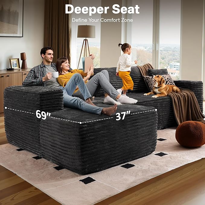 104" Cloudy Sectional L Shaped Couch for Living Room, No Assembly Required, Modular Comfy Sofa with Deep Seat, Fluffy Couch with Sleeper Chaise for Apartment Lounge (Grey)-Ruum Studio Home