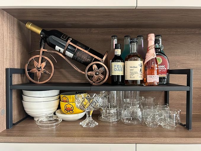 Expandable Cabinet Shelf Organizer 16-26" L Stackable Kitchen Counter Shelf Rack Sink Riser Countertop Storage Black (Normal 7.9”D)-Ruum Studio Home