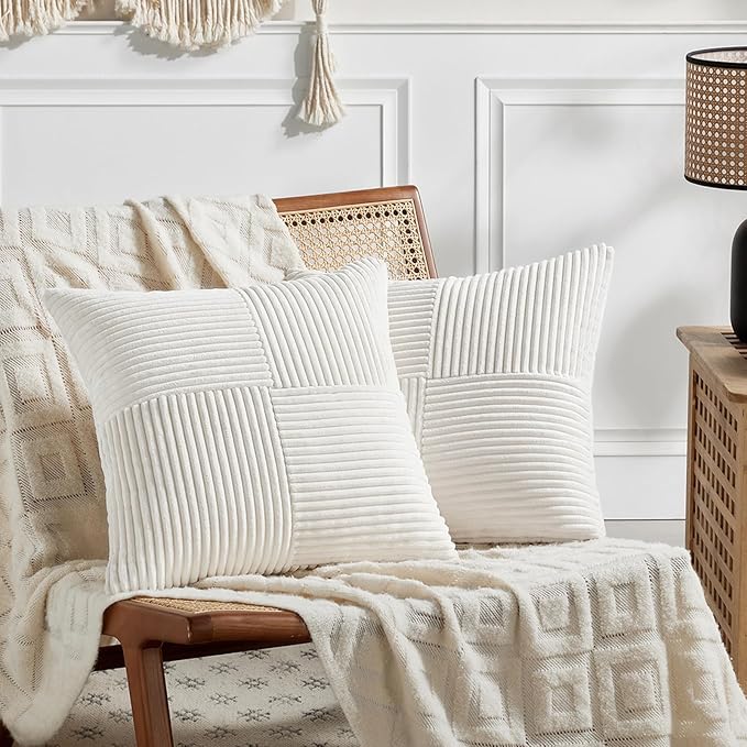 Fancy Homi 2 Packs Cream White Decorative Throw Pillow Covers 16x16 Inch for Living Room Couch Bed Sofa, Rustic Farmhouse Boho Home Decor, Soft Corss Patchwork Corduroy Textured Cushion Case 40x40 cm-Ruum Studio Home