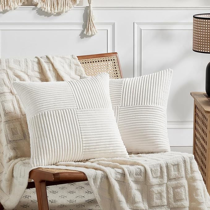 Fancy Homi 2 Packs Cream White Euro Decorative Throw Pillow Covers 28x28 Inch for Couch Bed Sofa, Farmhouse Boho Home Decor, Soft Corss Corduroy Patchwork Textured Square Cushion Case 71x71 cm-Ruum Studio Home