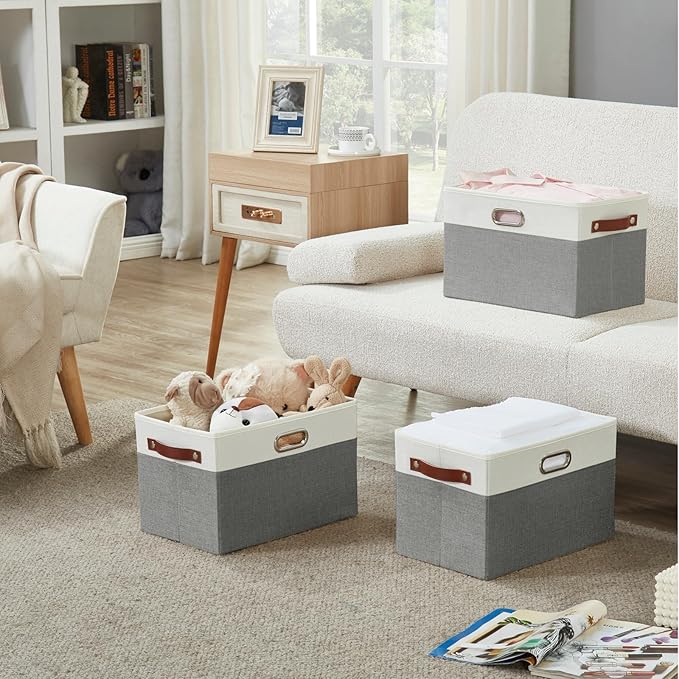 Large Collapsible Fabric Storage Bins with 3 Handles, Foldable Organizer Baskets for Closet, Shelves, Living Room | 3 Pack, Durable PU & Metal Handles (14.9"x9.8"x9.8", Gray & White)-Ruum Studio Home