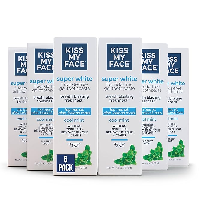 Kiss My Face Super White Toothpaste Gel, Cool Mint Flavor, Removes Plaque and Stains, Teeth Whitening Toothpaste, Fluoride Free, Vegan, 4.5 oz, 6 Pack-Ruum Studio Home
