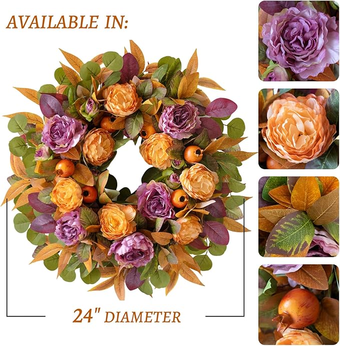 24 Inch Fall Wreath for Front Door - Autumn Wreath with Peony, Maple Leaves, Berries - Farmhouse Thanksgiving Halloween Decor for Porch, Front Door, Indoors & Outdoors - Rustic Harvest Home Decor-Ruum Studio Home