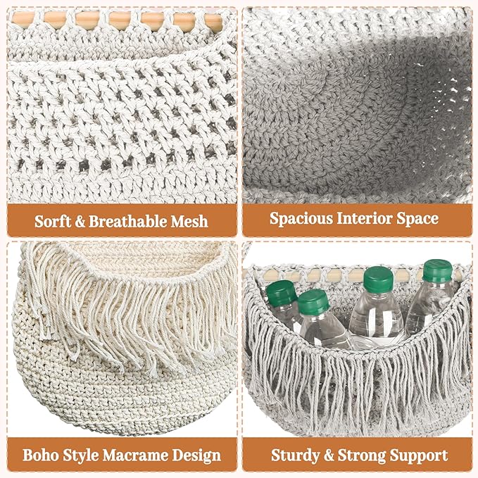 4 Tier Hanging Fruit Basket for Kitchen, 4 Pack Detachable Cotton Crocheted Wall Hanging Baskets Shelf Over Door Organizer for Fruit Veggie Plant, Hanging Storage Basket for Bathroom Bedroom(Beige)-Ruum Studio Home