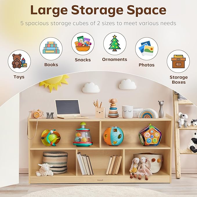 Toy Storage Organizer for Kids Room, Wooden Kids Bookshelf for Classroom, Cube Storage Organizer for Playroom, 5-Section Montessori Bookshelf & Toy Shelf for Nursery-Ruum Studio Home