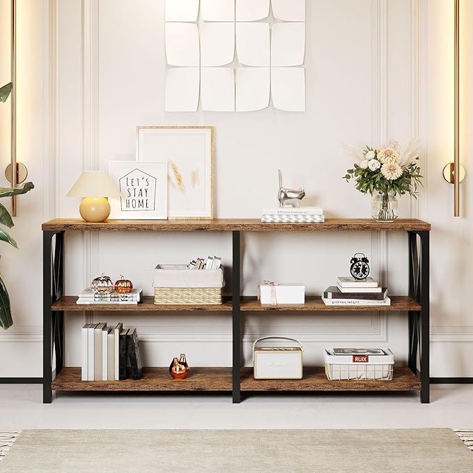 LVB Rustic Console Table, Industrial Wood Metal Sofa Table Behind Couch, Farmhouse Long Entryway Table with Storage Shelf, Large Wooden Foyer Hallway Table for Entry Living Room, Rustic Brown, 63 Inch-Ruum Studio Home