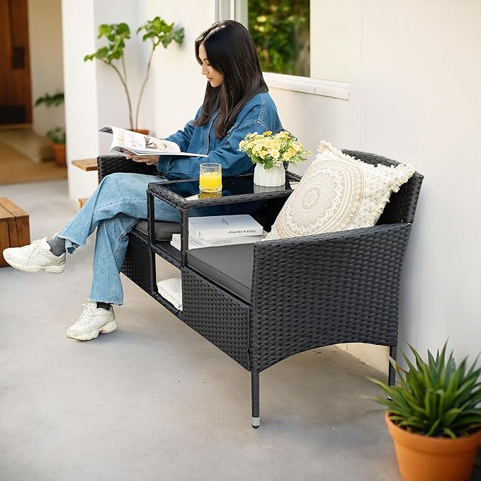 Flamaker Outdoor Furniture Patio Loveseat Wicker 2-Seat with Built-in Table and Cushions Rattan Porch Chairs Bench for Balcony, Lawn, Backyard (Grey)-Ruum Studio Home