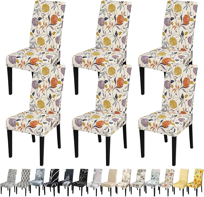 JQinHome Pattern Chair Covers for Dining Room Set of 6, High Stretch Removable Washable Parsons Chair Slipcover for Home Party Hotel Wedding Ceremony (Flower,6PCS)-Ruum Studio Home