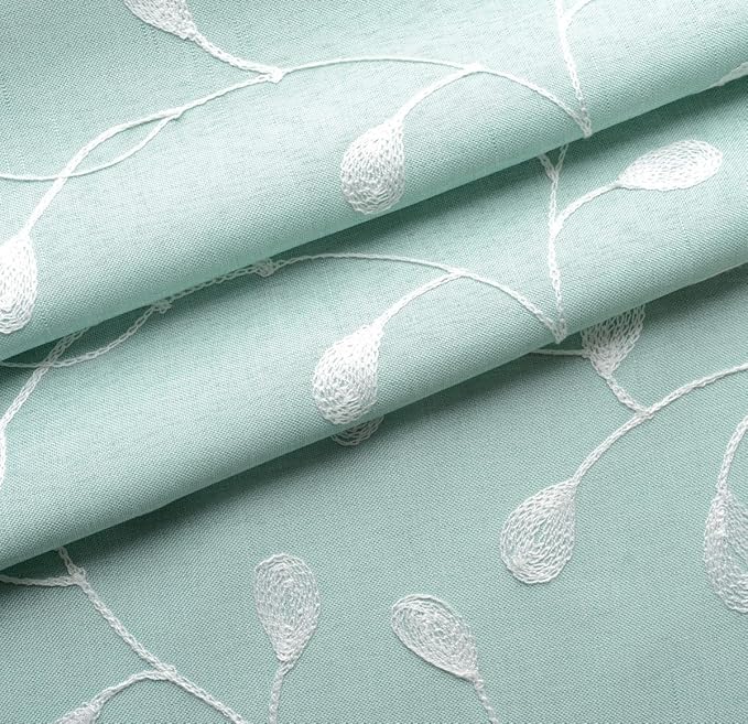 MIUCO Floral Embroidered Semi Sheer Curtains Faux Linen Grommet Window Panel Pair for Kitchen 52 x 63 Inch, Subtle Green-Ruum Studio Home