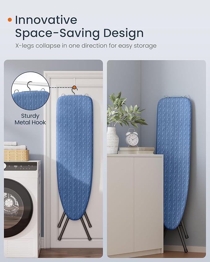 SONGMICS Ironing Board, Foldable Iron Board, Height Adjustable up to 35 Inches, with 4 Layered Cover and Pad, Iron Rest, Hook, Steel X-Legs, for Home, Laundry Room, Dorm, Midnight Blue ULLB001Q01-Ruum Studio Home