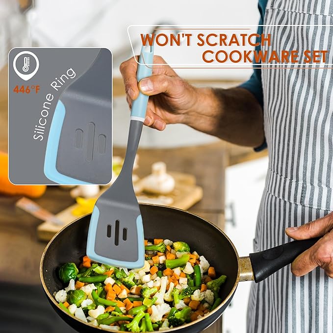 Kitchen Cooking Utensils Set, Non-Stick Spatula Set with Rotating Stand, 6 PCS Silicone Utensils Set for Cooking, 400°F Heat Resistant, Kitchen Gadgets with Nylon Handle & Stable Holder, Grey Blue-Ruum Studio Home