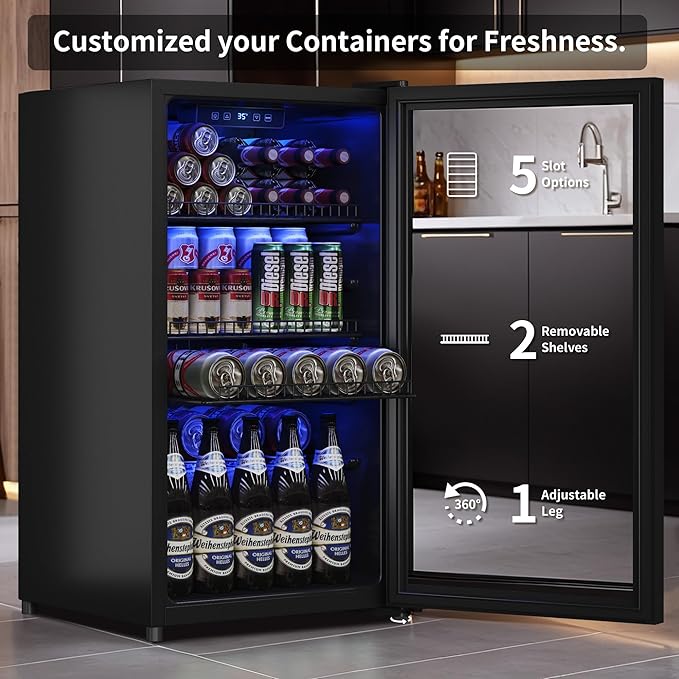 Beverage Fridge, 130 Can Mini Fridge With Glass Door, Beverage Cooler Refrigerator, Wine Drink Beer Cooler, Adjustable Shelves & Digital Temperature Display-Ruum Studio Home