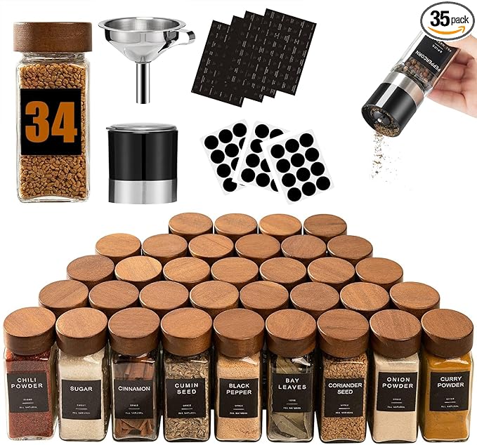 Yangbaga 34Pcs Glass Spice Jars with Labels-4oz Acacia Wood Lid Square Spice Containers with Pepper Grinder Lids &Funnel,Seasoning Jars for Rack Cabinet Drawer-Ruum Studio Home