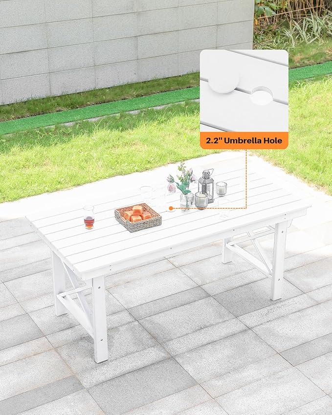 HDPE Outdoor Dining Table, 66.9” Rectangle Patio Dining Table for 6, All-Weather HDPE Outdoor Table with 2.2” Umbrella Hole, HDPE Patio Furniture for Deck, Backyard, Garden, Pool, Pearl-Ruum Studio Home