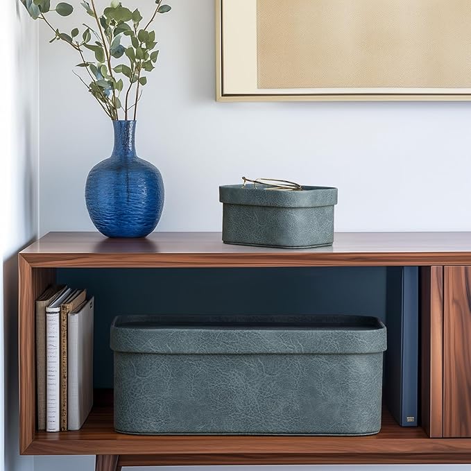 La Jolie Maison Vegan Leather Storage Boxes with Lids, Set of 3 Decorative Storage Containers Organize Stackable Storage Box, Dusty Blue-Ruum Studio Home