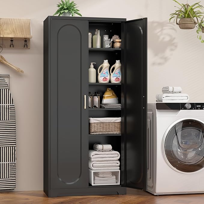 71" Tall Metal Pantry Cabinet with 4 Adjustable Shelves and Gold Handles Heavy-Duty Steel Storage for Kitchen, Dining Room or Office-Ruum Studio Home