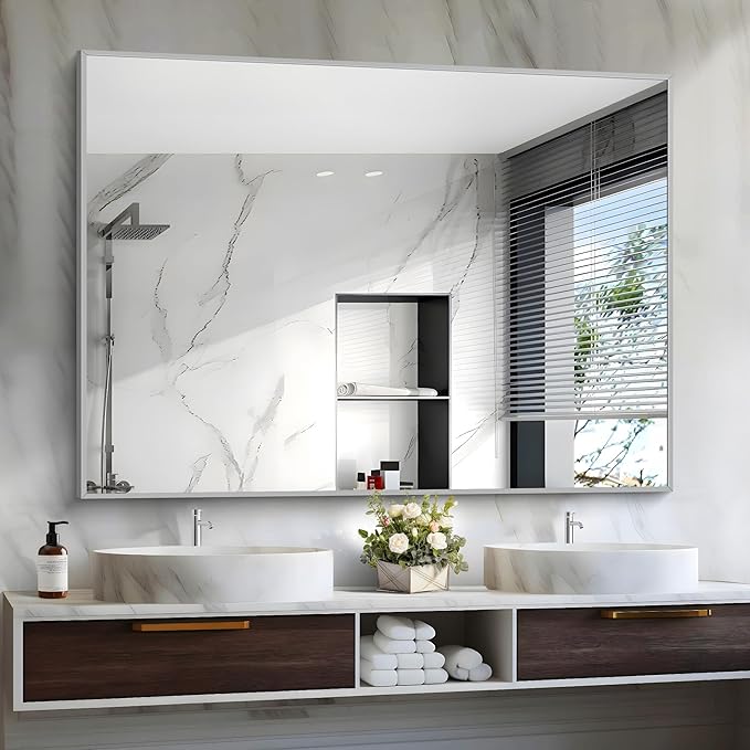 Silver Bathroom Mirror, 48"X36" Rectangle Mirrors for Wall Metal Frame, Bathroom Rectangular Mirror Modern Wall Mirror for Bedroom Living Room, Hangs Horizontal or Vertical-Ruum Studio Home