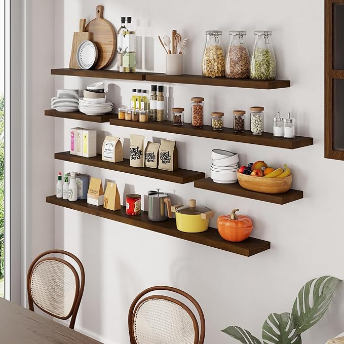 Floating Shelves 55 Inches Long - 8 Inch Deep Rustic Solid Pine Wood for Storage - Farmhouse Wall Mounted for Living Room - Heavy-Duty Metal Bracket - 55" W x 8" D - American Walnut Color-Ruum Studio Home