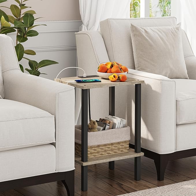 TUTOTAK End Table with Charging Station, Small Side Table with Outlets, Nightstand Bedside Table, 2-Tier Storage Shelf for Small Space, Living Room, Bedroom, Greige TB01BG040-Ruum Studio Home