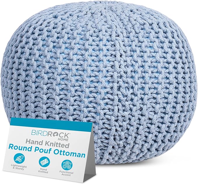 BIRDROCK HOME Round Pouf Ottoman | Cotton Braided Foot Stool with Bean Bag Filling | Boho Foot Rest for Living Room & Bedroom | Compact & Comfortable Seating, Lightweight & Soft | Soft Blue-Ruum Studio Home
