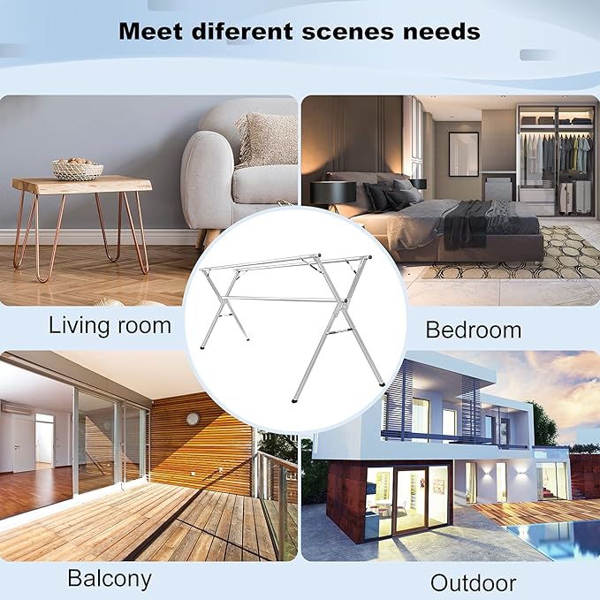 Sillars Clothes Drying Rack, 63 inches Laundry Drying Rack Clothing Foldable & Collapsible Stainless Steel Heavy Duty Clothing Drying Rack with Windproof Hooks for Indoor Outdoor-Ruum Studio Home
