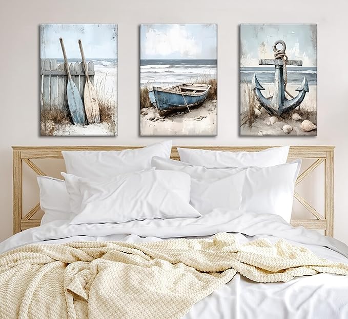 3Pcs Coastal Beach Canvas Wall Art Sailboat Paddle And Anchor Paintings Pictures Wall Decor Nautical Posters Prints Artwork Suitable for Living Room Bedroom Home Office Corridor Home Decroation-Ruum Studio Home