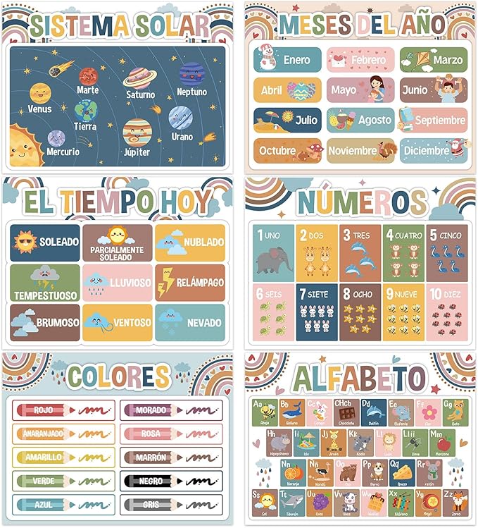 Spanish Educational Preschool Placemats Set of 6 Boho Plastic Table Mats Toddler Children Montessori Place Mats for Kids Washable Vinyl Holiday Table Decoration for Indoor Outdoor Party Kitchen Dining-Ruum Studio Home