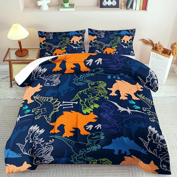Blue Dinosaur Comforter Set Queen Boys,Cute Dinosaur Bedding Set Queen for Kids,Kawaii Dragon Comforter Blue Bedroom Decor,Cute Animal Bedding Kawaii Animal Quilt Boys-Ruum Studio Home