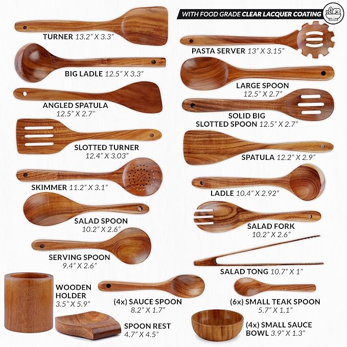 Zulay Kitchen 30-Piece Teak Wooden Utensils - Natural Teak Cooking Utensils with Premium Gift Box - Non-Stick Wooden Spoons - Kitchen Gift Set - Comfortable Grip-Ruum Studio Home