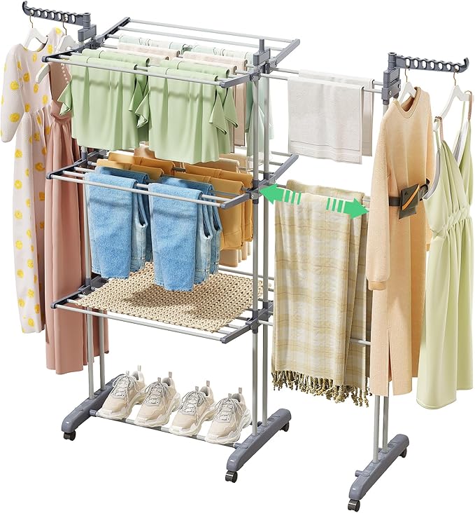 Kitstorack Clothes Drying Rack - Foldable Movable Clothes Rack Drying 30.0" W to 59.0" W Extensible Drying Rack Clothing Oversized 4-Tier Stainless Steel Large Clothes Rack Drying Indoor and Outdoor-Ruum Studio Home