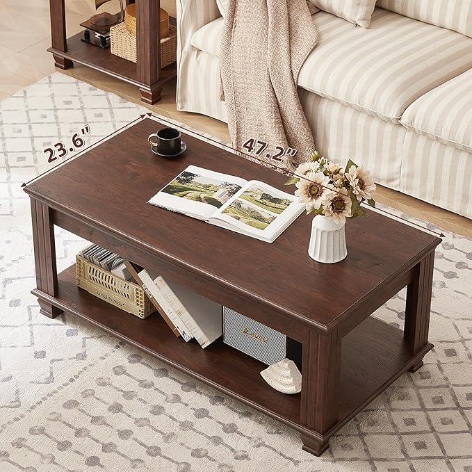 Farmhouse Coffee Tables for Living Room,Square Living Room Tables with Open Storage Shelf,Large Modern Coffee Table,Rustic Brown Center Table,Walnut-Ruum Studio Home