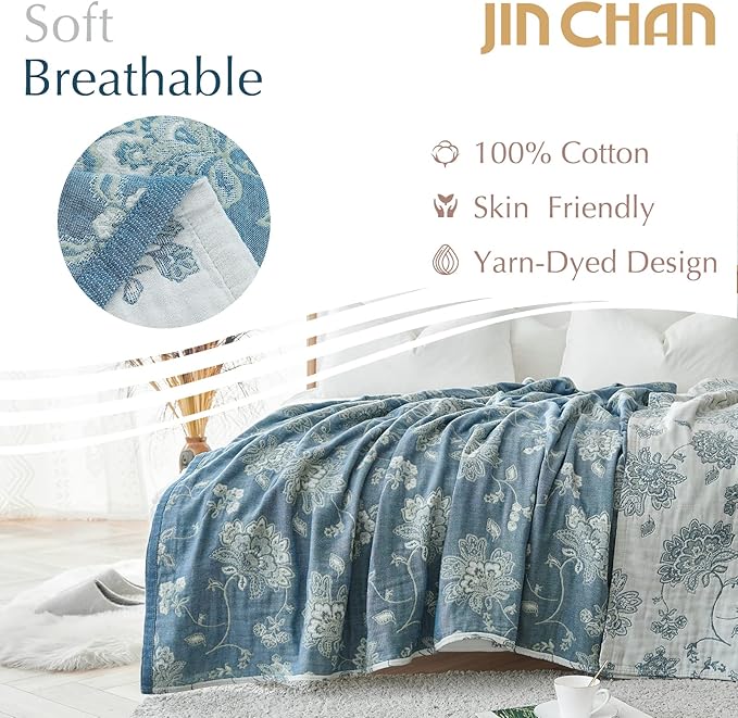 jinchan Boho 100% Cotton Muslin Twin Size 60x80 Inches Blanket Lightweight 4-Layer Quilted Soft Blue and White Floral Throw Blanket Green Accents Reversible Comfy Flower Summer Couch Bedroom Decor-Ruum Studio Home