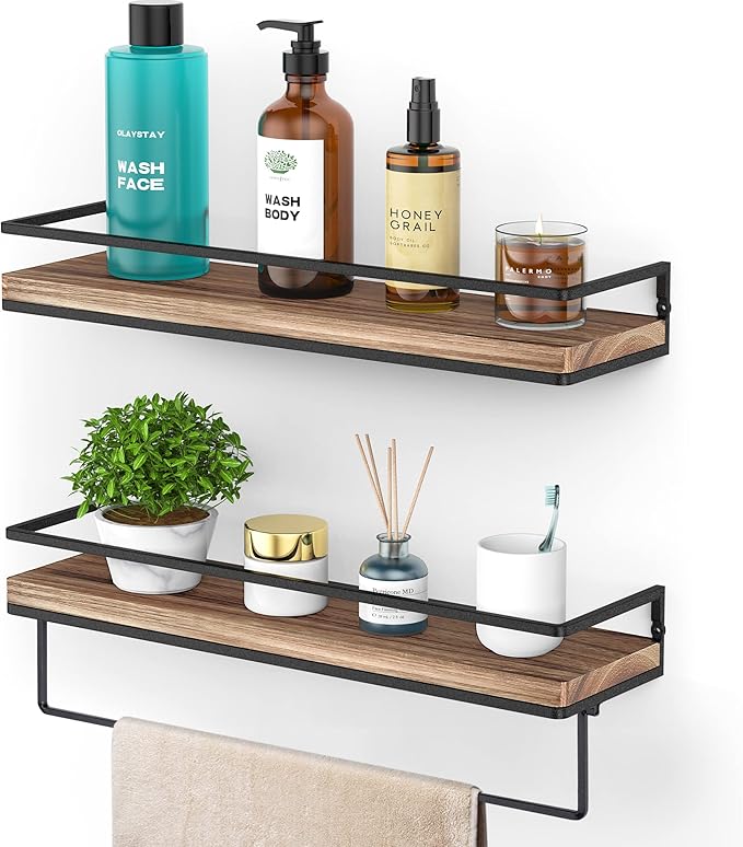Meangood Floating Shelves Wall Mounted Set of 2, Wall Shelf with Towel Bar Rustic Wood Wall Storage Shelves for Bedroom,Living Room,Bathroom, Kitchen Torched Wood-Ruum Studio Home